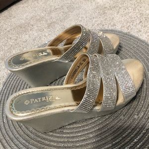 Sparkly Cinderella Champagne Wedge Sandals - Size 7.5